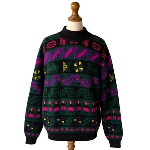 Vintage Benetton Italy Shetland Wool Unisex Folk Novelty Knit Sweater